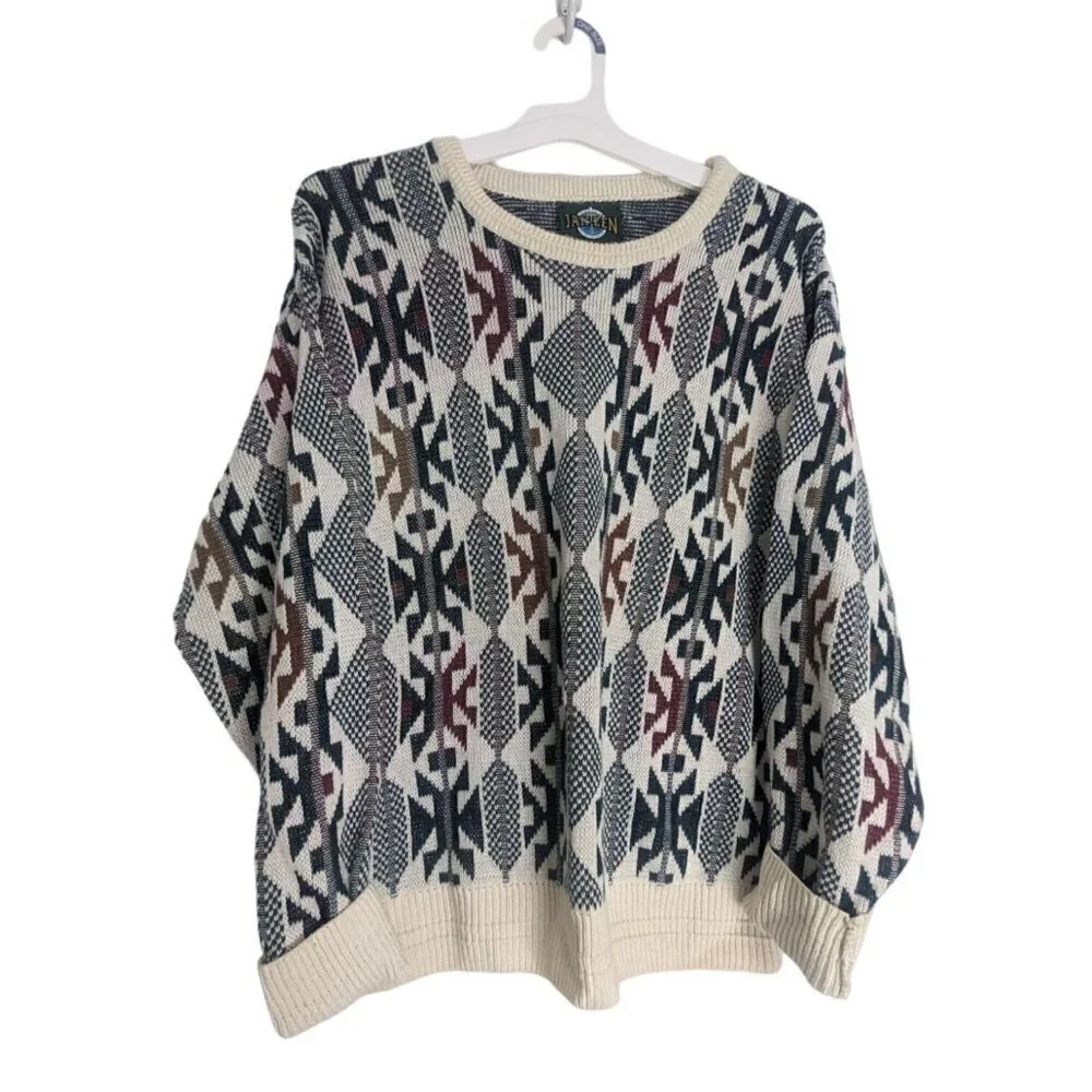 Vintage Jantzen Oversized Sweater Aztec Red Cream Green USA Made Men's Medium